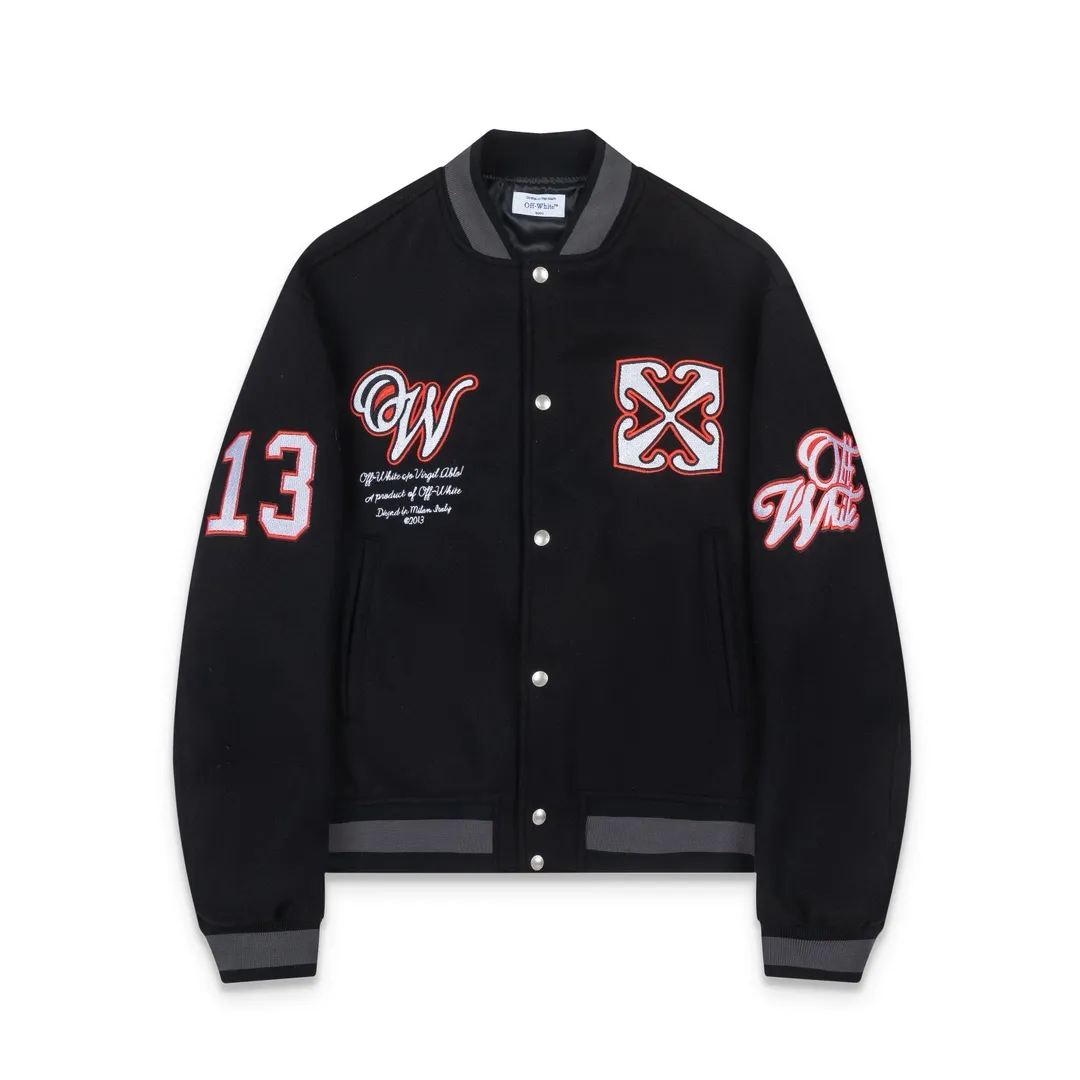 S61#P660, offwhite heavy-duty embroidered baseball jacket. The body is made of woolen fabric. Couple's jacket. Black size: S M L XL